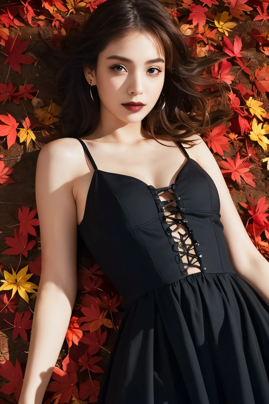  1 girl, ( She's wearing a gothic black dress :1.2), ( gothic makeup ),  A very beautiful portrait of a Japanese singer , (RAW Photo Best Quality), (Realistic, Realistic:1.4), (masterpiece), 
 very detailed, 2k wallpaper, wonderful, finely,  very detailed,  CG Unity 8k Wallpaper ,  very detailed,  Kampala, Soft light, 
 A beautiful girl carefully drawn in every detail ,  very detailedな目と顔, A beautiful and elegant nose,  beautiful beautiful eyes,  movie lighting , 
( She is lying on a spread of fallen red maple leaves:1.3), (Maple leaves are scattered all over her body ), ( A vivid screen with intense contrasts ),
( medium hair), (Disheveled hair spreading on the ground :1.2), 
 perfect anatomy, Slender body,  small breasts, Thin legs