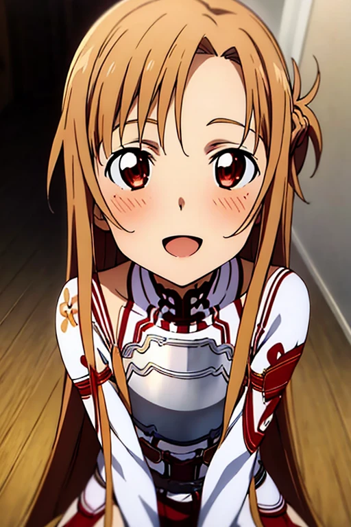 ((Best Quality)), ((masterpiece)), (be familiar with),  perfect face, indoor, bedroom,  watching viewers ,
One woman, Yuuki Asuna,
 open mouth , Ecstatic expression, blush, smile,
Small breasts,  flat chest, , ,  kids, Girl,
Long Hair,  long hair,
Leg spread,