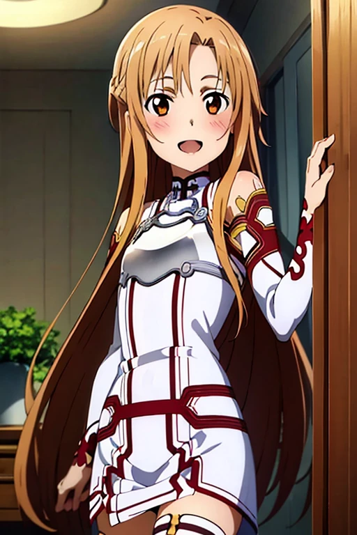 ((Best Quality)), ((masterpiece)), (be familiar with),  perfect face, indoor, bedroom,  watching viewers ,
One woman, Yuuki Asuna,
 open mouth , Ecstatic expression, blush, smile,
Small breasts,  flat chest, , ,  kids, Girl,
Long Hair,  long hair,
Leg spread,