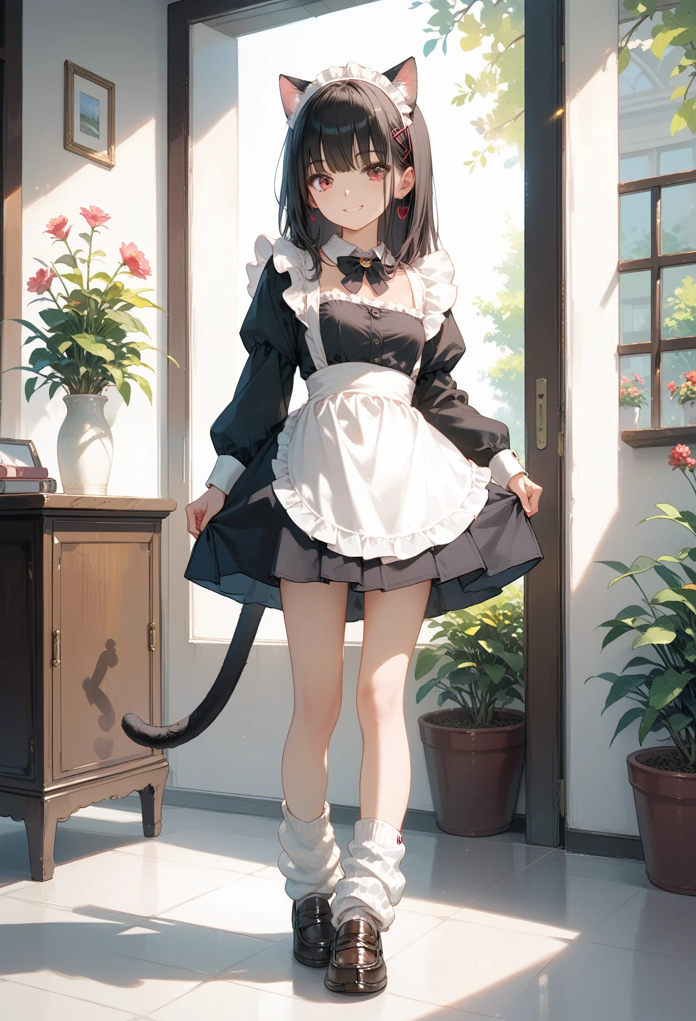 Score_9,Score_8_up,Score_7_up,highest quality anime,,masterpiece,1 girl,slim,small breasts,(Ideal slender proportions),(black_long_hair,straight_bangs,maid costume,loose socks,loafers,cat ears,cat tail),smile,beautiful legs,standing,view from behind