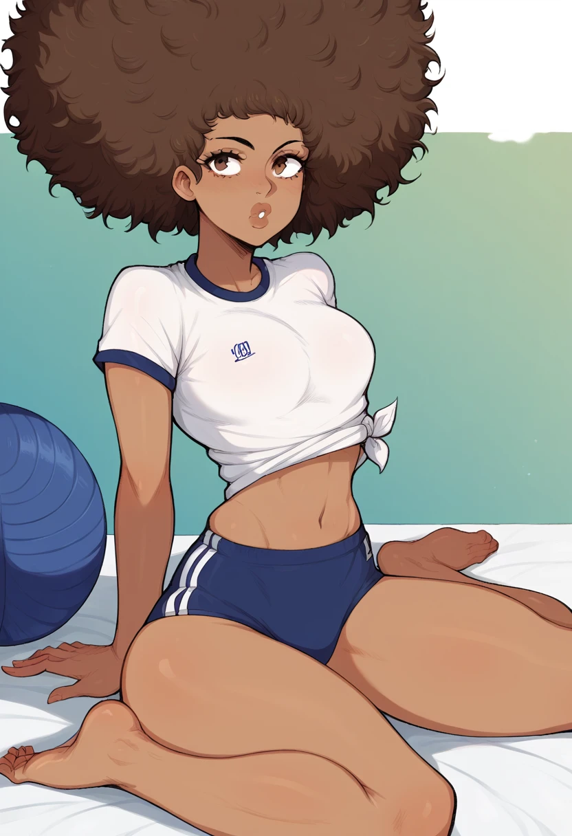 ****ung girl, dark skin, ebony, breast, afro hair, Brown hair, lips, curvy, anime style, White tshirt, japanese gym uniform, blue buruma, pose,stretch, sitting, split, feet