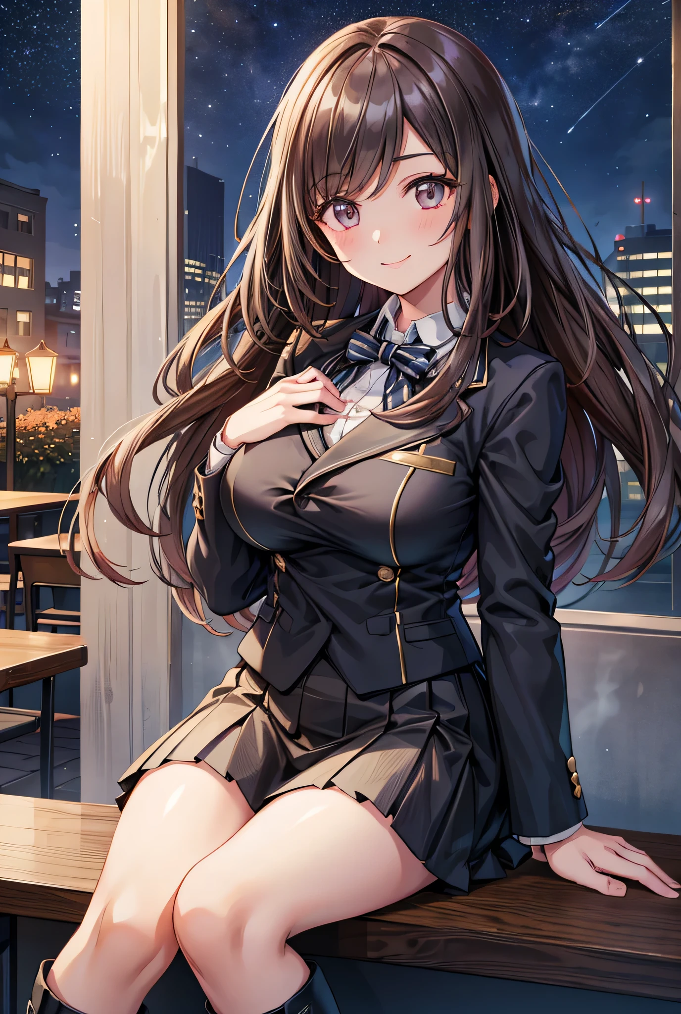  1 girl, solo,  Kampala, Long Hair, ((Large Breasts)), smile,  Teal Eyelids, Brown Hair, In the streets of England ,  Kampala, masterpiece, accurate,  anatomically correct, 最high quality,  detail, 高い detail,  HD Model, high quality,  very detailed ,  textured skin,  ultra-fine,  high school uniform ,  blazer miniskirt,  black long boots with black ribbons, Cooking on the desk, Emphasize the upper body, French restaurant , night,Terrace seats, Starry Sky, autumn, whole body, sit on a chair, Teenage Girls,  