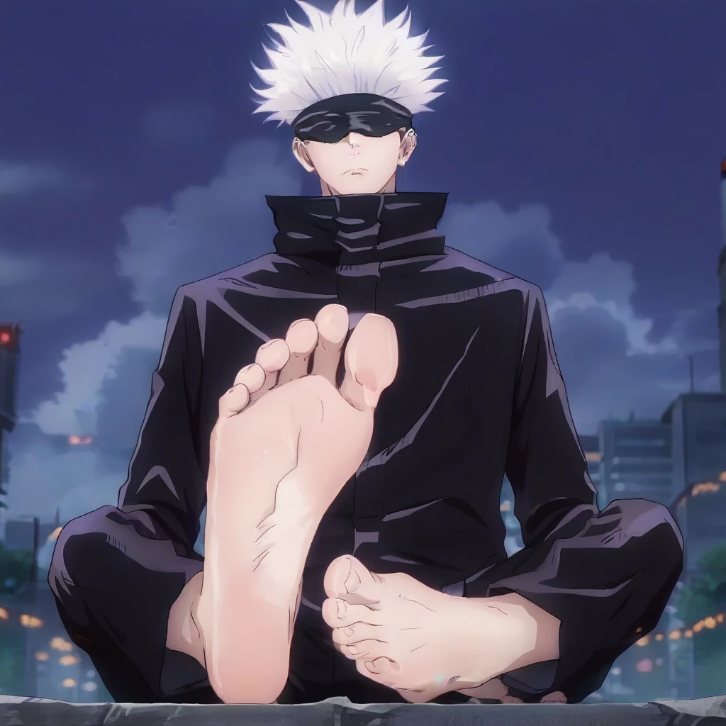 score_9, score_8_up, source_anime,
1boy, Satoru Gojo, white hair, short hair, blindfold, wide opened eyes, black high-collar jacket, long sleeves, black pants, sitting on the ground, alone, looking at viewer, cowboy shot, ANIME SCREENCAP, anime coloring, in the city at night, barefoot, perfect feet, anatomically correct, soles, low angle, focal length 35mm, each foot has five toes, front, symmetrical soles, foot focus