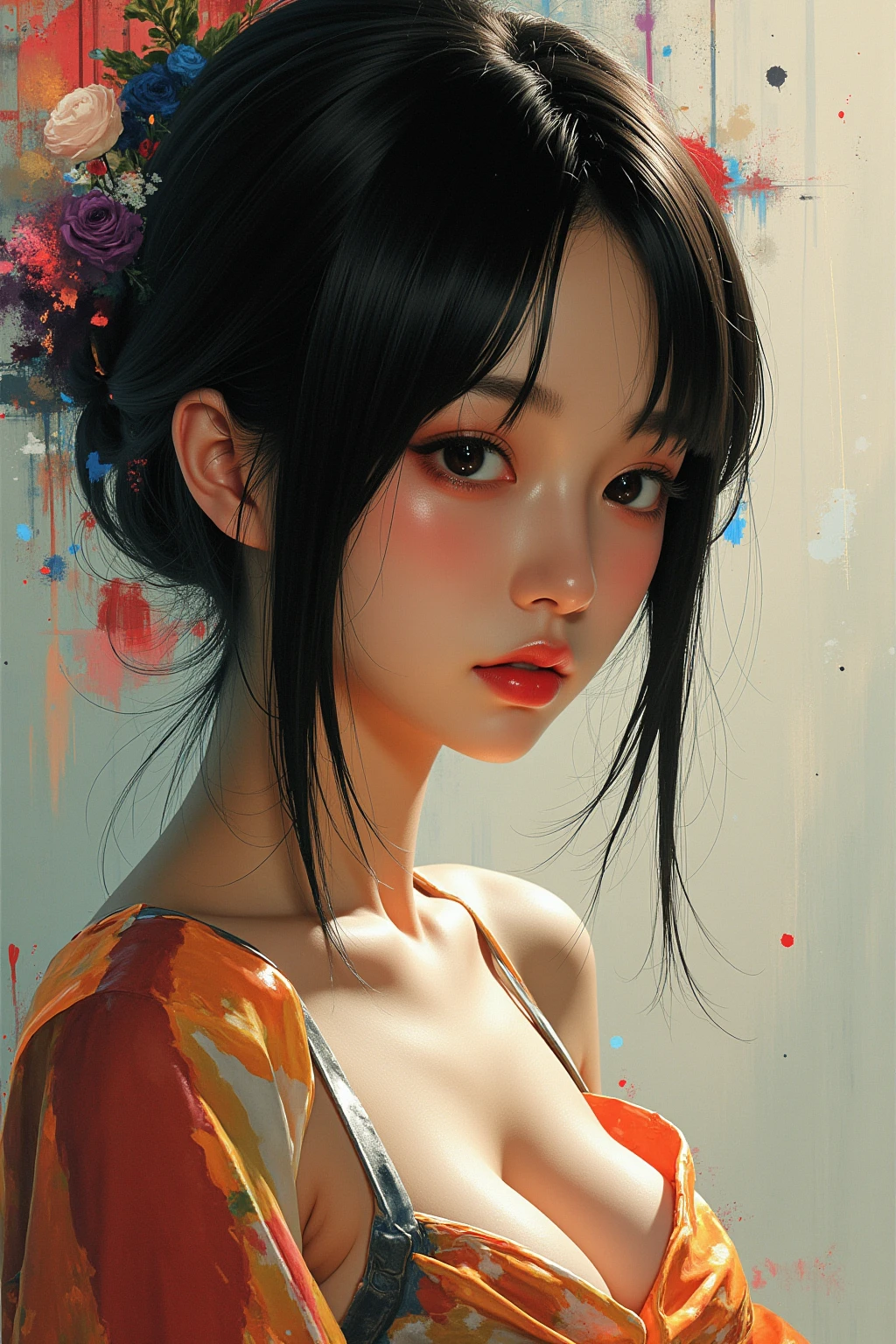 Expressionist artwork images, asian high school girl, plunging neckline, cleavage, 