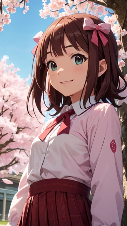 CG, Unity, 8k,  wallpaper, Best Quality, masterpiece, Amami Haruka, (smile: 1.2), Clasp your hands and bring them in front of your chest, ,  Best Lighting , Complex pupil, Complex weaving,  detailed biography ,   school uniform,  Long Sleeve , Small symmetrical ribbons on either side of the head, break, Under the cherry tree, Cherry blossom petals fluttering down, ( view from below: 1.1)