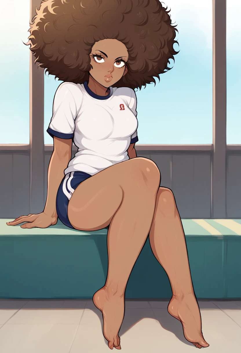 ****ung girl, dark skin, ebony, breast, afro hair, Brown hair, lips, curvy, anime style, White tshirt, japanese gym uniform, blue buruma, pose,stretch, sitting, split, feet