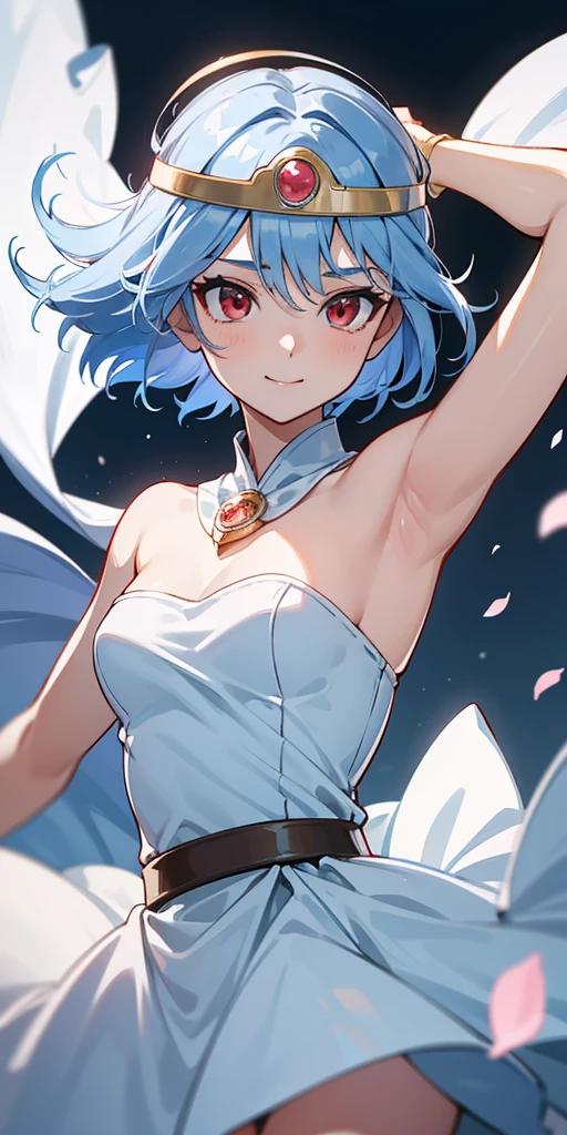 10th generation women,masterpiece, Best Quality, 4K, 8k, Ticker,  upper body,,  axillary focus, I'm putting my hands on my head,close,  one girl playing pranks, Showing both armpits, Armpit Show Pose,Short blue hair,blue shorthair, White Dress, red eyes,axillary line ,  circlet,  clevis,Embarrassed,smile, happy, Depth, Depth of field,  outdoor , nature, petal, wind, beautiful,  Kampala,  Full Photo,   detail face in night round , Detailed body, masterpiece, Best Quality,  complicated details, 8k u Kampala,  perfect face, Perfect Eyes