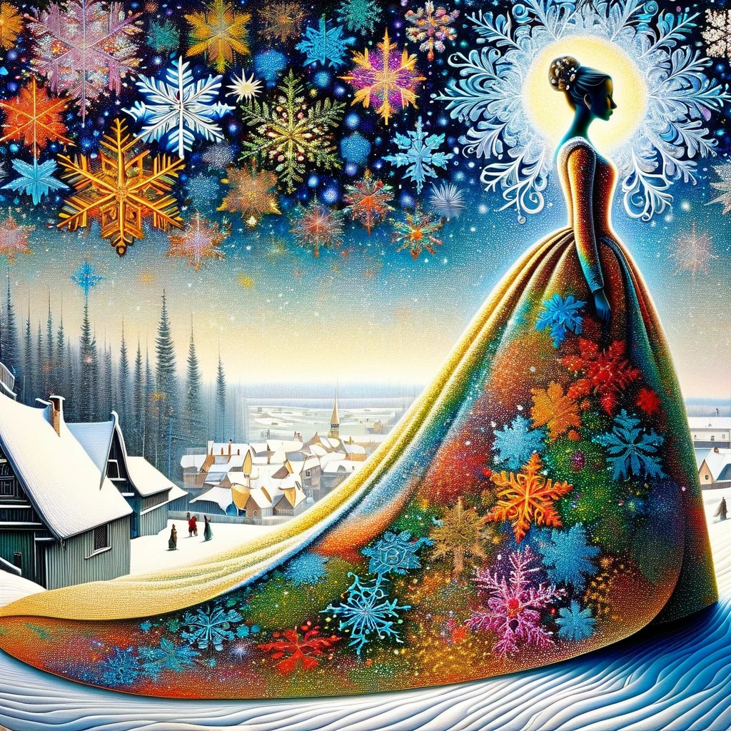 A painting depicting a surreal long dress made of multicolored snowflakes and a winter landscape!!! in filigree style, inspired by Hieronymus Bosch, Alexey Fishgoit, high detail, front light, bright colors, modern European ink painting, high quality, high detail, masterpiece,