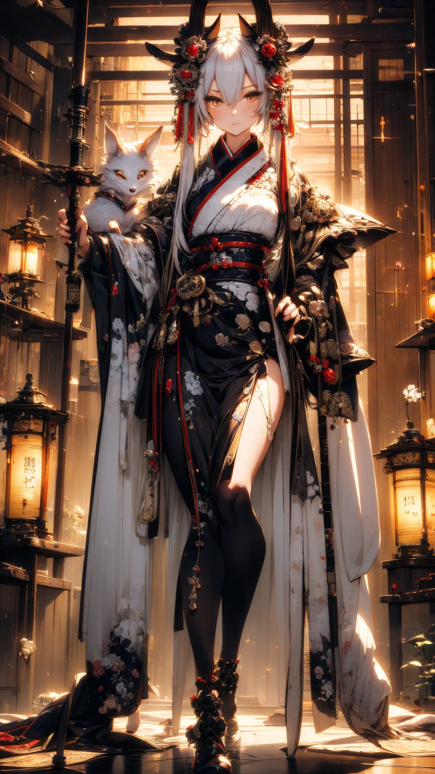 (( masterpiece ,  Best quality )), (anthropomorphic kitsune ))  Onna Bugeisha high definition,  full body , Humanoid kitsune