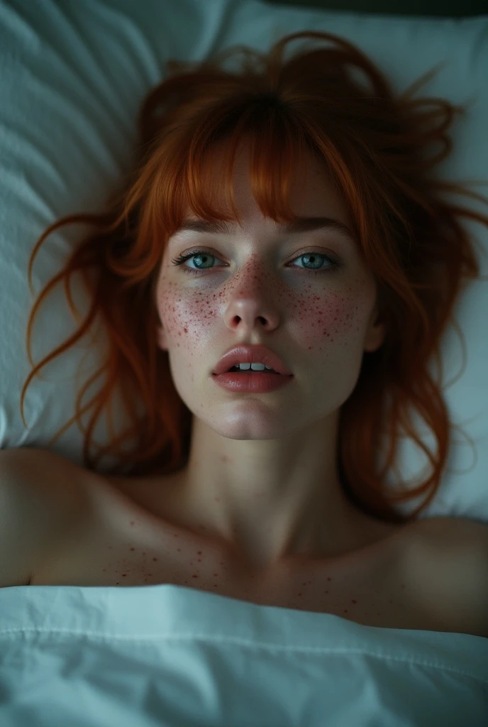 Naked girl, medium-sized breasts, lying on the bed, top view, looking at the camera, red hair, cum on her chest and face, (best quality,4k,8k,highres,masterpiece:1.2),ultra-detailed,(realistic,photorealistic,photo-realistic:1.37),HDR,UHD,studio lighting,ultra-fine painting,sharp focus,physically-based rendering,extreme detail description,professional,vivid colors,bokeh,portrait,high quality,cinematic lighting,dramatic shadows,beautiful skin,intricate details