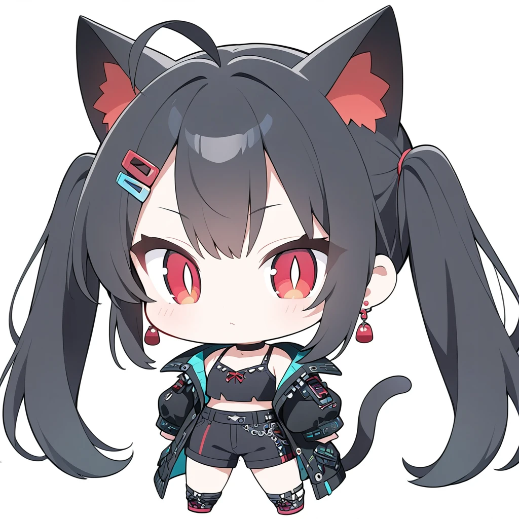 1girl, solo、((chibi-cute, anime style, anime character, deformation, masterpiece:1.2))、Cat ears and tail、Teenage Girl、(slit pupils), (Red eyes), (Beautiful detailed eyes: 1.6)、Black Hair、 parted bangs、Long Hair、Twin tails(Red Gradient)，Earrings、Hair Clip、 Tattered Coat, camisole,Shorts,Choker、Cyberpunk woman detailed silhouette, masterpiece、Best Quality、High resolution、Very detailed、Simple white background,Great graphics、
