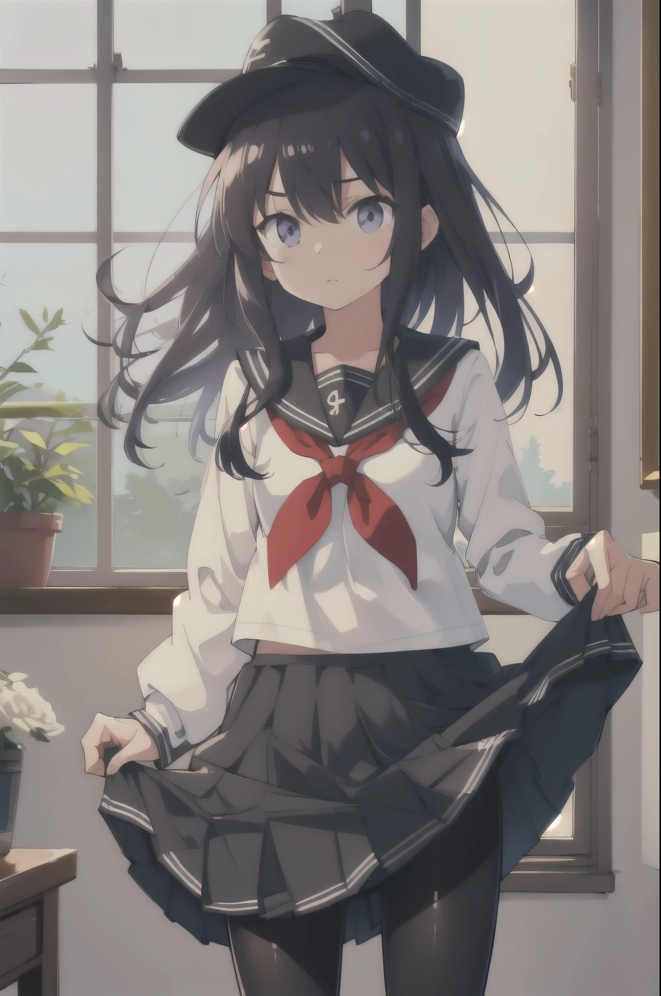 Akatsuki,  flat cap,  sailor suit,  white shirt,  Long Sleeve , pantyhose, Green,  window , Shine,  cowboy shot, masterpiece, Best Quality,  Kampala, Nice hands, Perfect hands, Skirt Lift