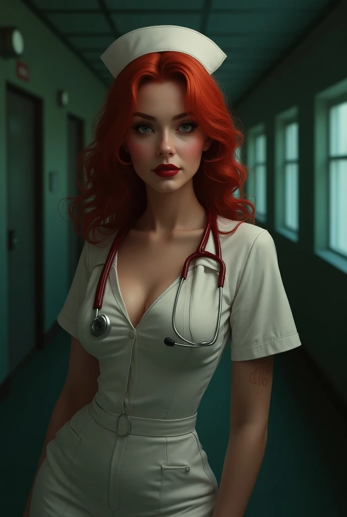 The most beautiful red haired, vibrant, dark red hair, girl, big breasts, dressed as a sexy nurse