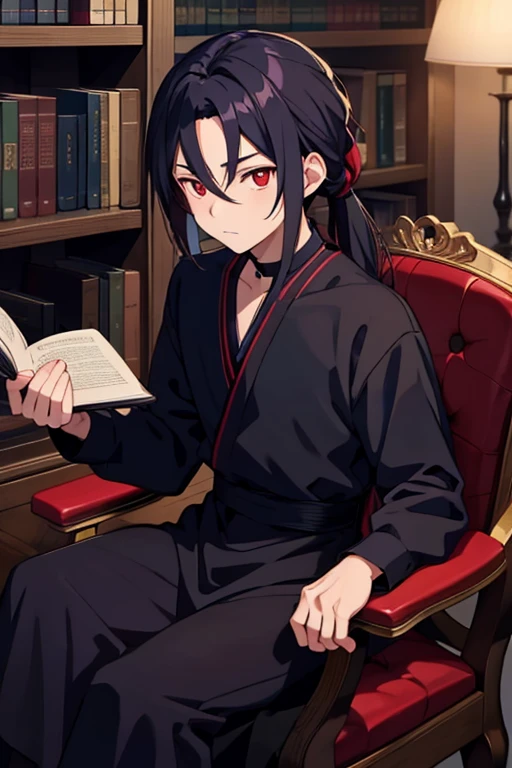 A young anime boy with sharp red eyes represents a long dark indigo hair tied to the top  ,He wears all black fairy clothes sitting on a chair with a book with a library background
