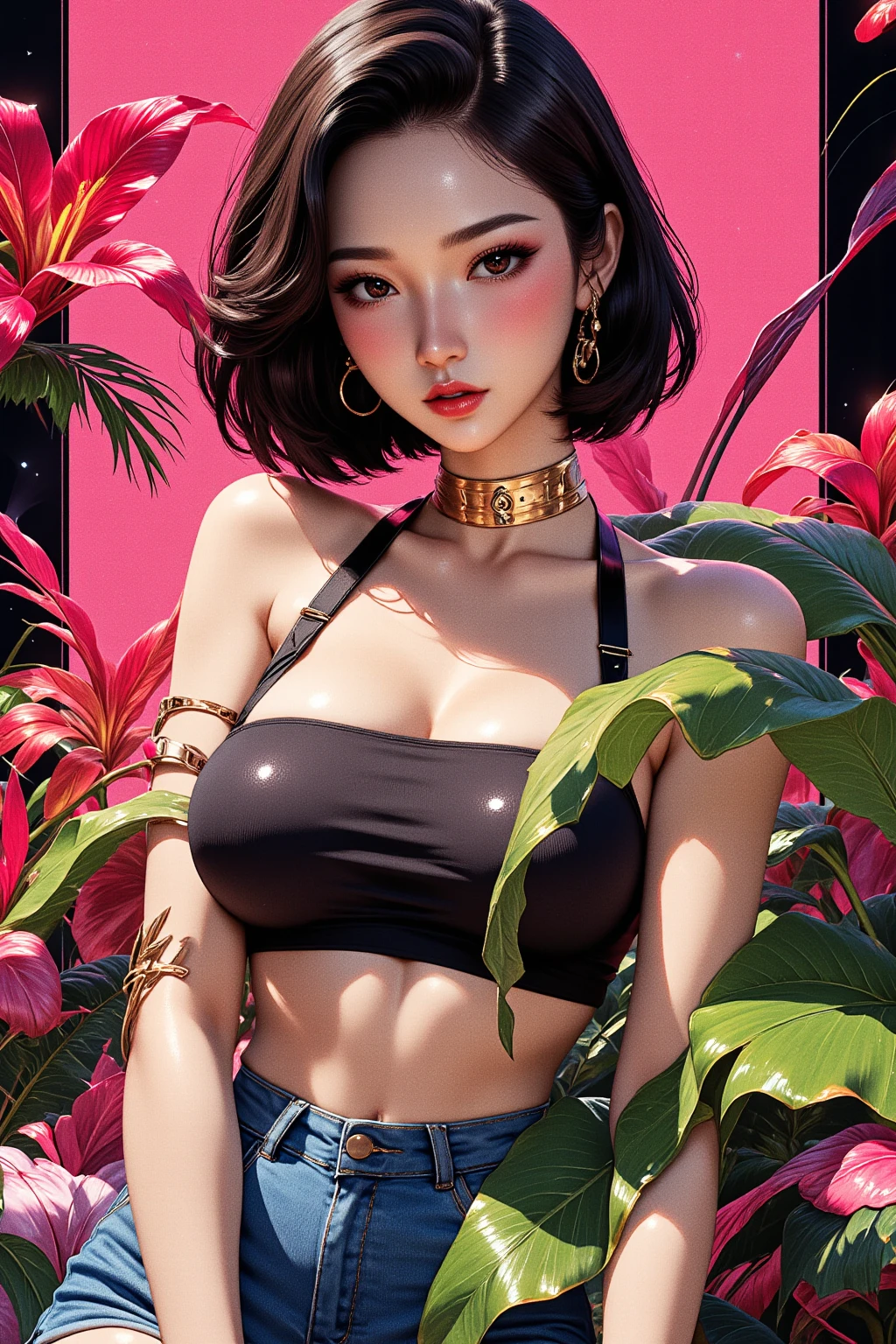 Create digital artwork in pop art, Featuring a bright and confident young asian girl，Street fashion, Movie Color Scheme, Surrounded by vintage floral motifs, Bright brush strokes,Emotions should be dynamic, upper-body, Drawing, illustartion, Grayscale, tropical, lots of flowers,