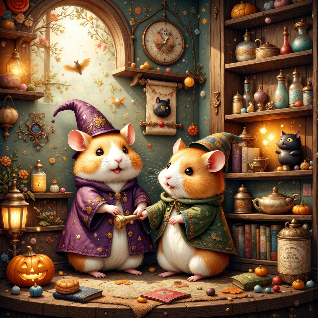 (In a cozy, enchanted room glowing with the warm light of magical lanterns, two adorable hamsters enjoy a whimsical Halloween night. The wizard hamster, dressed in a purple robe adorned with starry embroidery, wears a tilted, pointy hat that gives him a charming look. In his small paws, he holds a golden-tipped wand, and his round cheeks lift into a joyful smile as he waves the wand, casting shimmering spells. His bright eyes shine with excitement, and his whiskers quiver as he focuses on enchanting his friend.)

(Beside him, the second hamster wears an adorable Frankenstein-inspired costume with green sleeves, stitched patches, and tiny bolts on his chubby cheeks. With a puffed-up grin, he gazes at the wizard hamster, his eyes filled with delight and curiosity as the magic swirls around them. His costume is slightly oversized, adding a lovable, clumsy charm.)

(The room around them is filled with magical details: a tall shelf lined with potion bottles glows in shades of emerald, lavender, and amber, their liquids sparkling mysteriously. Ancient scrolls and dusty spellbooks are stacked nearby, and floating books hover with pages that turn on their own. In one corner, a jack-o'-lantern carved with a black cat face emits a soft blue glow, while a black cat-shaped lantern sways gently, almost as if alive. Tiny, sparkling stars and light particles float through the air, filling the space with a warm, magical ambiance. The entire room brims with the thrill of Halloween and the charm of a magical adventure between two delightful friends.)