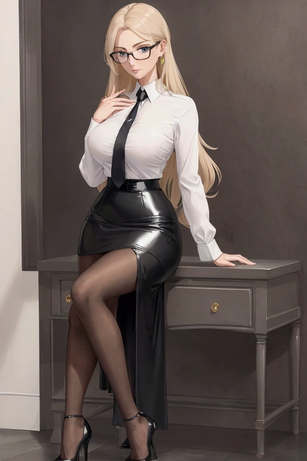 photo realistic, high resolution, hips up, desk uniform, camisa branca, black skirt, cute face, blonde, milf