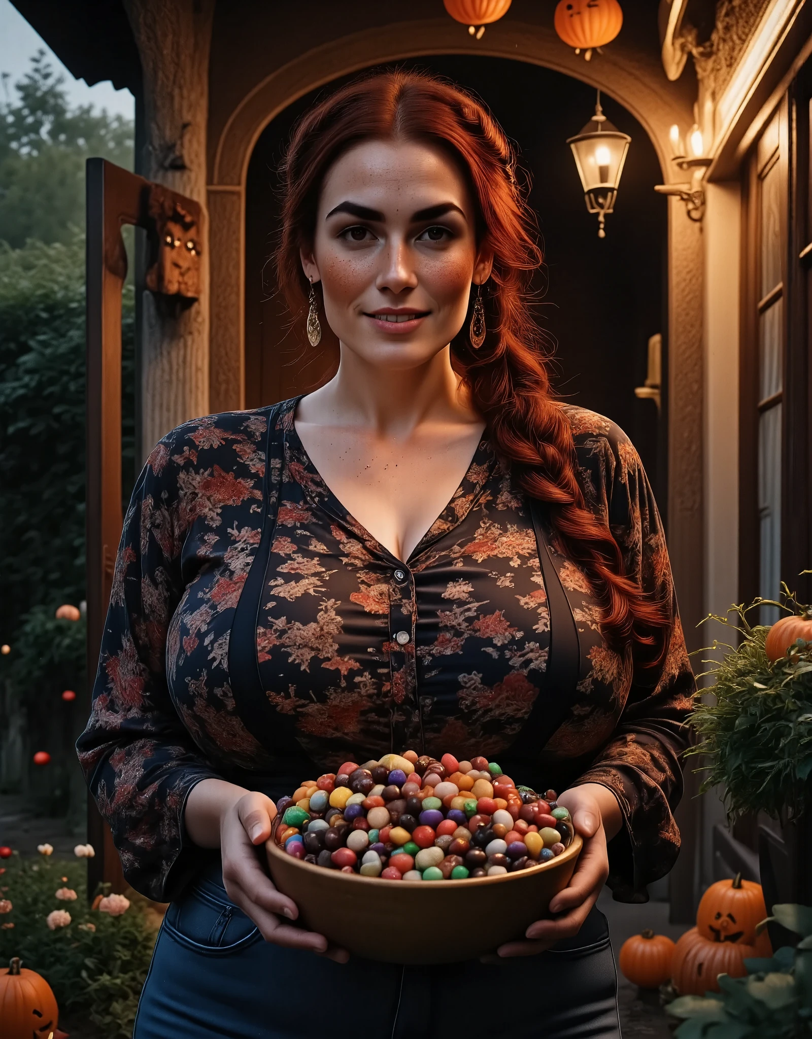 Photorealistic, cinematic style, a beautiful British woman in her entrance room, Holding a huge bowl full of Halloween candy. Halloween decorations. Slight smile, downturned eye shape, light skin and freckles, reddish-brown hair, braided hairstyle . She's wearing a conservative printed blouse. stonewashed jeans. Behind her a rustic wooden entrance room. She's standing at the front door holding the candy. It's dark outside, Halloween evening. Atmospheric, wholesome . perfect hand,HDR, intricate details ,