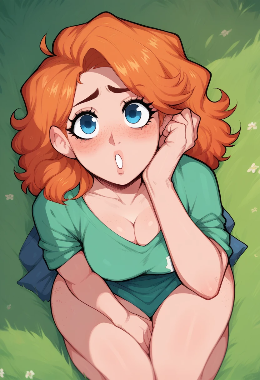 Farm girls, Orange hair, freckles in face, freckles in breast, freckles in legs, Blue eyes, 