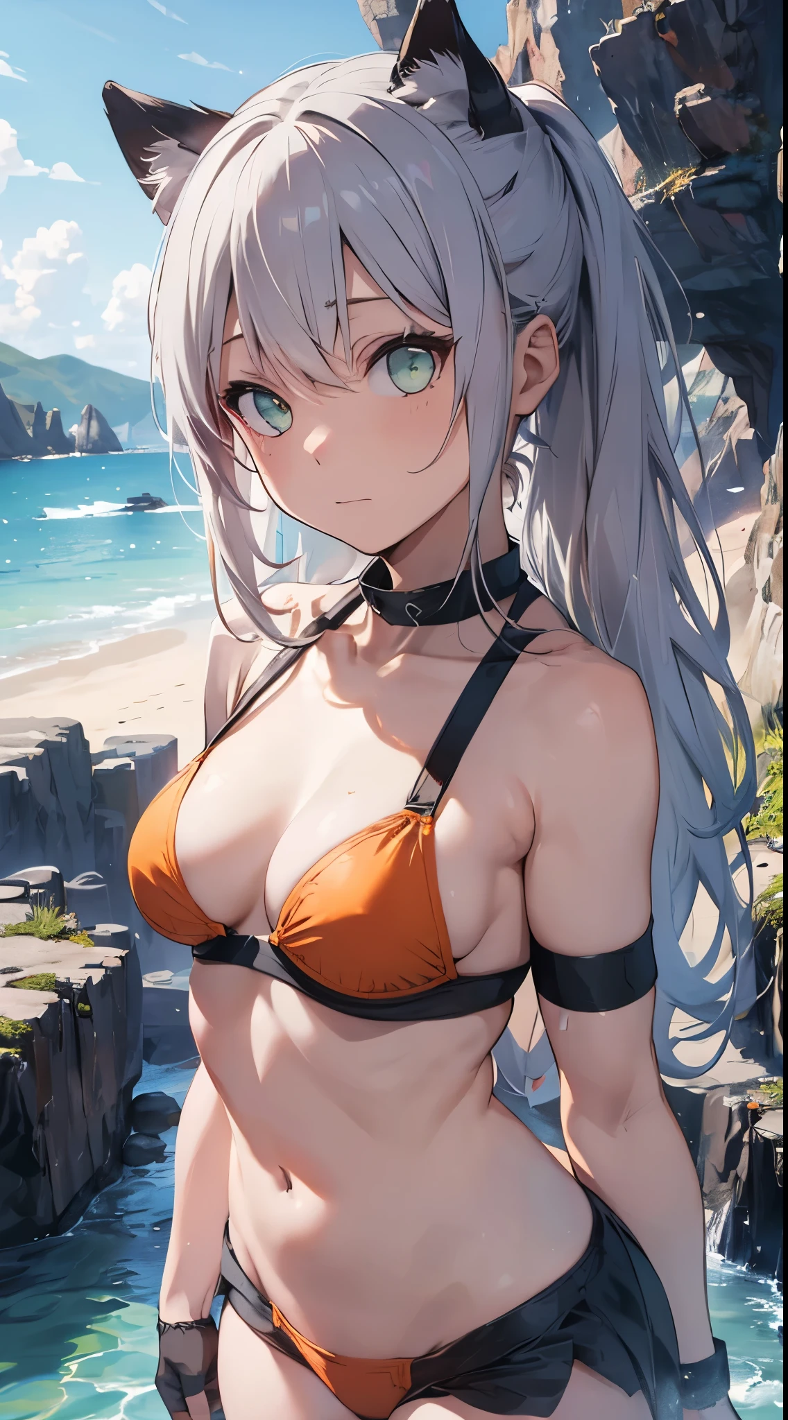 Movie angle, depth of field, (view viewer), (right foreground: 1), (standing photo: 1), cat ears girl, (solo), silver hair, (white skin: 1), (curvaceous: 1.2), (wide hips: 1.1), cat eared girl, (beautiful beach background), (coast background: 1.4), (coast background: 1.4), (red clothes), (bare shoulders, red micro bikini), (T-back panties: 1.2), (glove armor: 1.2), sharp claws, detailed horns, choker, thigh boots, (ponytail, hair between the eyes), (silver-haired), red eyes), (flat chest: 1.2), expressionless, stunned, sleepy, wakame