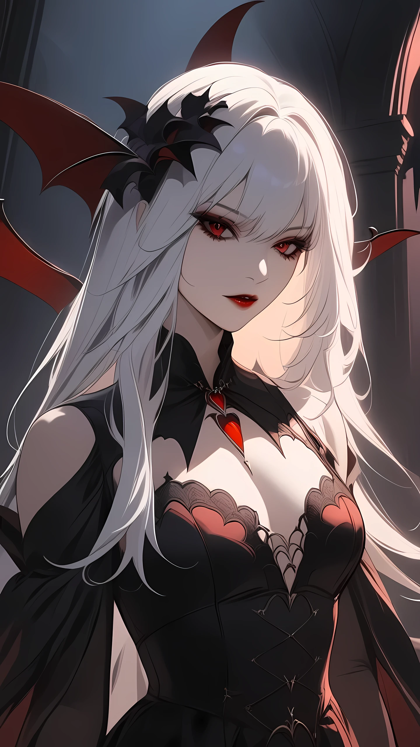 (masterpiece, best quality:1.2), 1girl, solo, Vampire Dress, white hair, dark fantasy,chiaroscuro,gothic,concept art,surreal,mystical,ethereal,moody,dramatic,atmospheric, looking at viewer, detailed facial features 