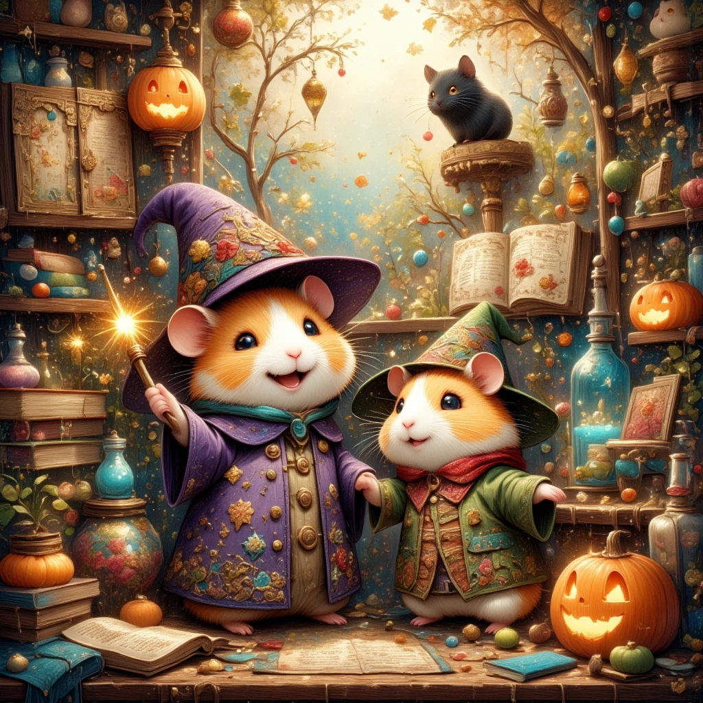 (In a cozy, enchanted room glowing with the warm light of magical lanterns, two adorable hamsters enjoy a whimsical Halloween night. The wizard hamster, dressed in a purple robe adorned with starry embroidery, wears a tilted, pointy hat that gives him a charming look. In his small paws, he holds a golden-tipped wand, and his round cheeks lift into a joyful smile as he waves the wand, casting shimmering spells. His bright eyes shine with excitement, and his whiskers quiver as he focuses on enchanting his friend.)

(Beside him, the second hamster wears an adorable Frankenstein-inspired costume with green sleeves, stitched patches, and tiny bolts on his chubby cheeks. With a puffed-up grin, he gazes at the wizard hamster, his eyes filled with delight and curiosity as the magic swirls around them. His costume is slightly oversized, adding a lovable, clumsy charm.)

(The room around them is filled with magical details: a tall shelf lined with potion bottles glows in shades of emerald, lavender, and amber, their liquids sparkling mysteriously. Ancient scrolls and dusty spellbooks are stacked nearby, and floating books hover with pages that turn on their own. In one corner, a jack-o'-lantern carved with a black cat face emits a soft blue glow, while a black cat-shaped lantern sways gently, almost as if alive. Tiny, sparkling stars and light particles float through the air, filling the space with a warm, magical ambiance. The entire room brims with the thrill of Halloween and the charm of a magical adventure between two delightful friends.)