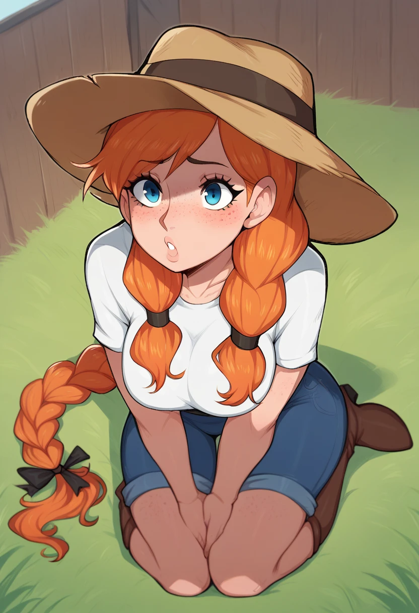 1 girl, farm girls, Orange hair, freckles in face, freckles in breast, freckles in legs, Blue eyes, long braid, short body, curvy, farm hat