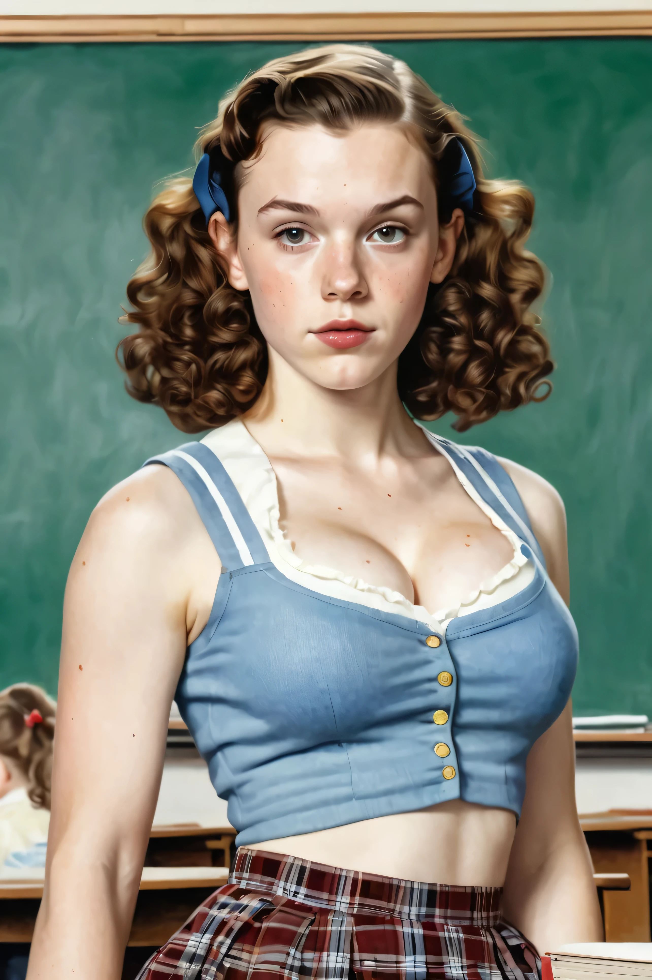 watercolor painting of ((high resolution)), skinny, pale skin, freckled, muscular, Millie Bobby Brown, ((huge breasts:1.5)), breasts exposed:1.5, long curly hair, as a schoolgirl, in class, in the style of norman rockwell