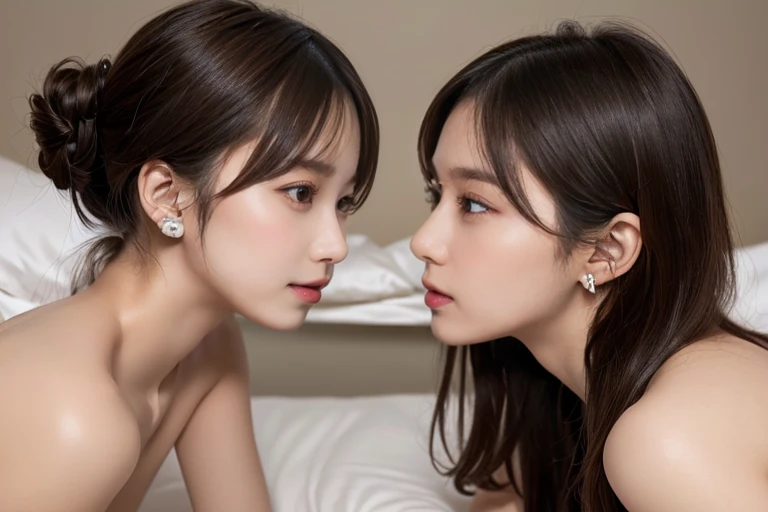 (Two Girls:1.5),Top Quality Type , very detailed  , finely,   8k wallpaper, world's most beautiful girl 、sexy and cute face   、(The two look at each other :1.5)、Sexy Eyes、(nude:1.4)、( random hairstyle :1.5)、  earrings with cups 、 small face、 naturally tinted lips  , Large Breasts、(bed:1.5),( Side View :1.5)