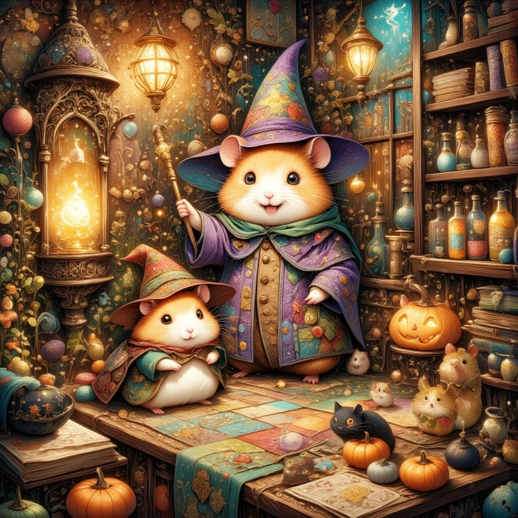 (In a cozy, enchanted room glowing with the warm light of magical lanterns, two adorable hamsters enjoy a whimsical Halloween night. The wizard hamster, dressed in a purple robe adorned with starry embroidery, wears a tilted, pointy hat that gives him a charming look. In his small paws, he holds a golden-tipped wand, and his round cheeks lift into a joyful smile as he waves the wand, casting shimmering spells. His bright eyes shine with excitement, and his whiskers quiver as he focuses on enchanting his friend.)

(Beside him, the second hamster wears an adorable Frankenstein-inspired costume with green sleeves, stitched patches, and tiny bolts on his chubby cheeks. With a puffed-up grin, he gazes at the wizard hamster, his eyes filled with delight and curiosity as the magic swirls around them. His costume is slightly oversized, adding a lovable, clumsy charm.)

(The room around them is filled with magical details: a tall shelf lined with potion bottles glows in shades of emerald, lavender, and amber, their liquids sparkling mysteriously. Ancient scrolls and dusty spellbooks are stacked nearby, and floating books hover with pages that turn on their own. In one corner, a jack-o'-lantern carved with a black cat face emits a soft blue glow, while a black cat-shaped lantern sways gently, almost as if alive. Tiny, sparkling stars and light particles float through the air, filling the space with a warm, magical ambiance. The entire room brims with the thrill of Halloween and the charm of a magical adventure between two delightful friends.)