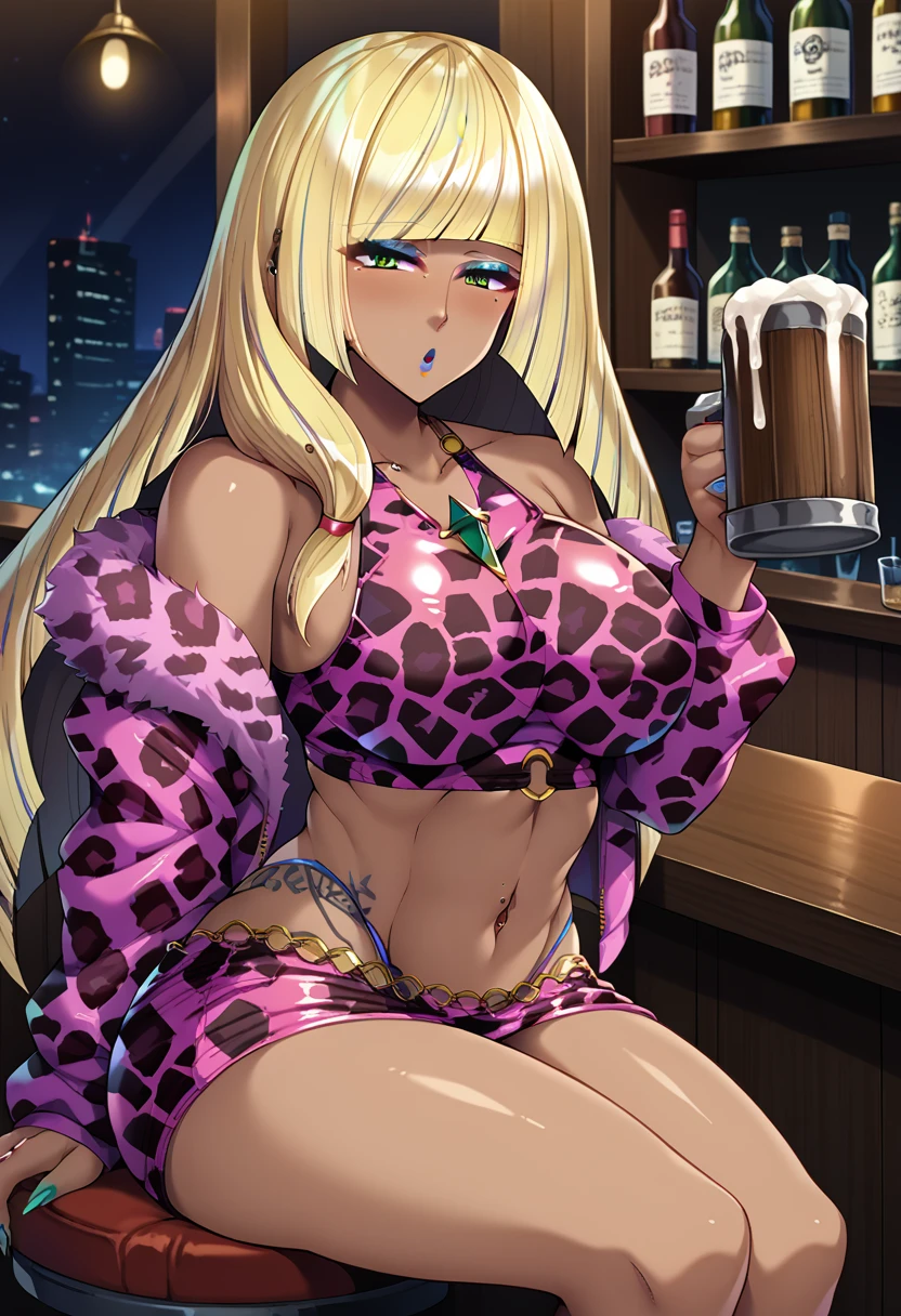 1noue, score_9, score_8_up, score_7_up, uncensored, source_anime, 1girl, solo, BREAK lusamine_\(pokemon\), gyaru, very dark skin, dark-skinned female, makeup, eyeshadow, long eyelashes, piercings, tattoos, colored skin, jet-black skin, shiny skin, metalic tan, BREAK, detailed eyes, solo, crop top, jacket, leopard print, fur shawl, blush, sitting, in bar, night time, drunk, holding a tankard