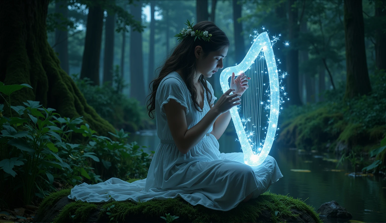 A mystical elf, cloaked in ethereal robes, sits gracefully on a moss-covered stone in a moonlit forest. The elf's delicate fingers strum a glowing magic harp, casting soft, enchanting melodies. The scene is illuminated by the silvery moonlight filtering through the dense canopy, creating a serene and magical atmosphere. The elf's eyes are closed in deep concentration, while the harp's ethereal glow reflects off the surrounding foliage. The composition is centered on the elf, with the harp and forest framing the shot, capturing the mystical essence of the moment. ray tracing, DSLR, UHD, 8k, masterpiece, award-winning