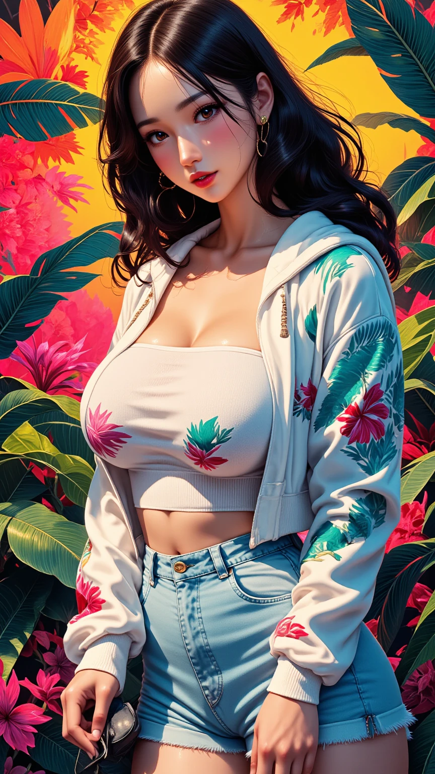 Create digital artwork in pop art, Featuring a bright and confident young asian girl，Street fashion, Movie Color Scheme, Surrounded by vintage floral motifs, Bright brush strokes,Emotions should be dynamic, upper-body, Drawing, illustartion, Grayscale, tropical, lots of flowers,