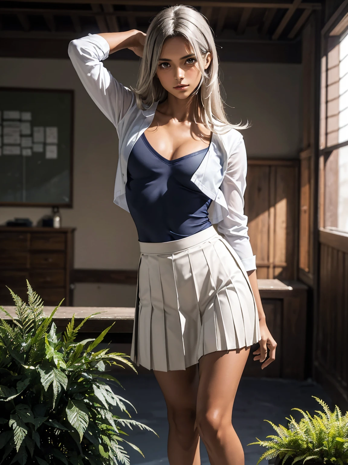 Jill Valentine, (brown skin:1.4), (flat chest:1.8), (white shirt, pleated navy skirt:1.3), thick thighs, silver hair, fluttering hair, long wavy hair, eyeshadow, long eyelashes, gentle smile, shadowy dark abandoned classroom, moss, fern, upper body from below, arms behind head, spread legs