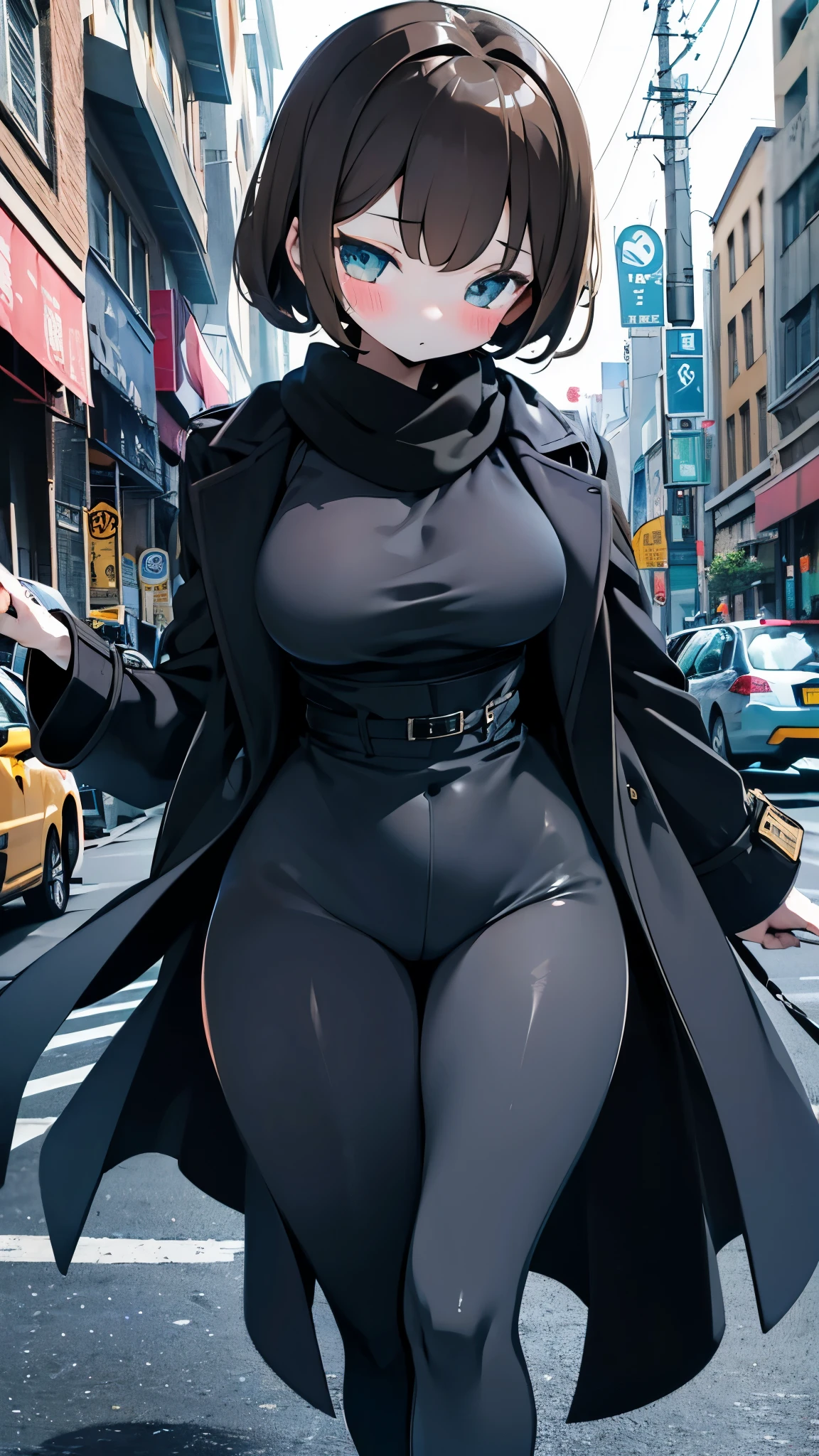 Coat，宽松Coat，oversize黑色Coat，Girl， brown hair ，棕色卷发Girl， urban street background ，blush，cute，Thin waist and wide hips，Fleshy thighs， black silk socks thighs，Black stockings，厚Coat，黑色Coat，Black trench coat， Black Jacket，black winter jacket，scarf，scarf， black silk tights， black silk bottoms ，Sexy bottoms 