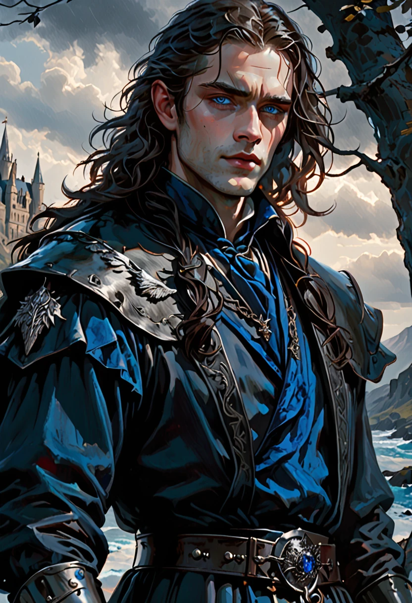 Rowan stands tall at 6'3", with a lean but powerful build that speaks of a life spent both in royal courts and on the battlefield. Dark, wavy hair falls just past Rowan’s shoulders, almost always tied back with a simple leather band to keep it out of those sharp, piercing blue eyes—a shade as cold and intense as a storm over the ocean. Rowan’s skin is fair but weathered, a testament to nights spent beneath open skies and hard-fought battles. A well-defined jawline, high cheekbones, and a small scar running from the left brow to just under the eye give Rowan an air of rugged nobility. A ring on Rowan's left hand—a wolf’s head in blackened silver—carries significant weight, a reminder of royal heritage and unbreakable family ties. Rowan’s presence is undeniable, filling the room with an almost tangible tension. Rowan resides in a dark stone castle, a fortress marked by years of storms. 