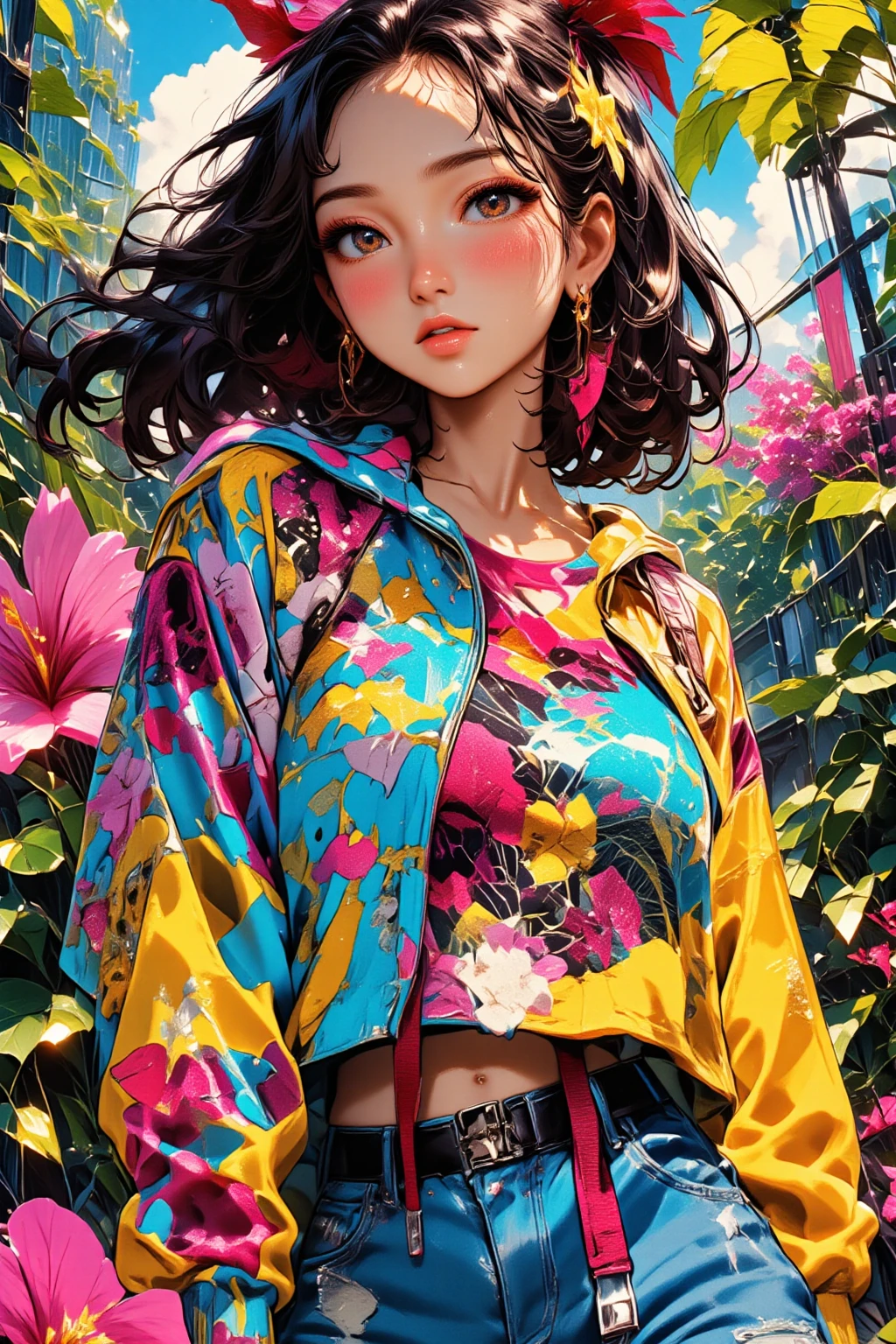 Create digital artwork in pop art, Featuring a bright and confident young asian girl，Street fashion, Movie Color Scheme, Surrounded by vintage floral motifs, Bright brush strokes,Emotions should be dynamic, upper-body, Drawing, illustartion, Grayscale, tropical, lots of flowers,