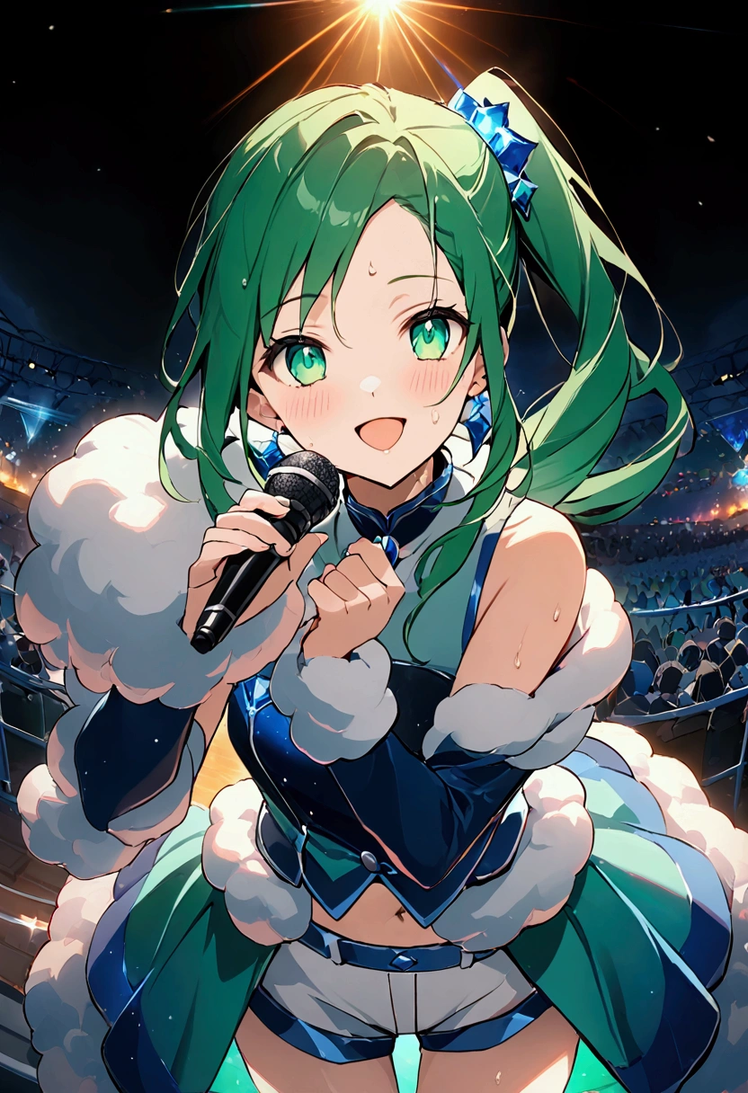 High image quality 、masterpiece、   high quality、Full HD、4K、 Extend one hand 、View from above 、Grab the microphone、 emerald green hair 、asymmetrical ponytail 、 emerald green eyes  、 Open your mouth 、smile、Sweat on the forehead、blue idol uniform 、 Detached Sleeve 、White shorts 、 fluffy arm garters 、Blue Skirt 、slender、Outdoor Concert、laser effect