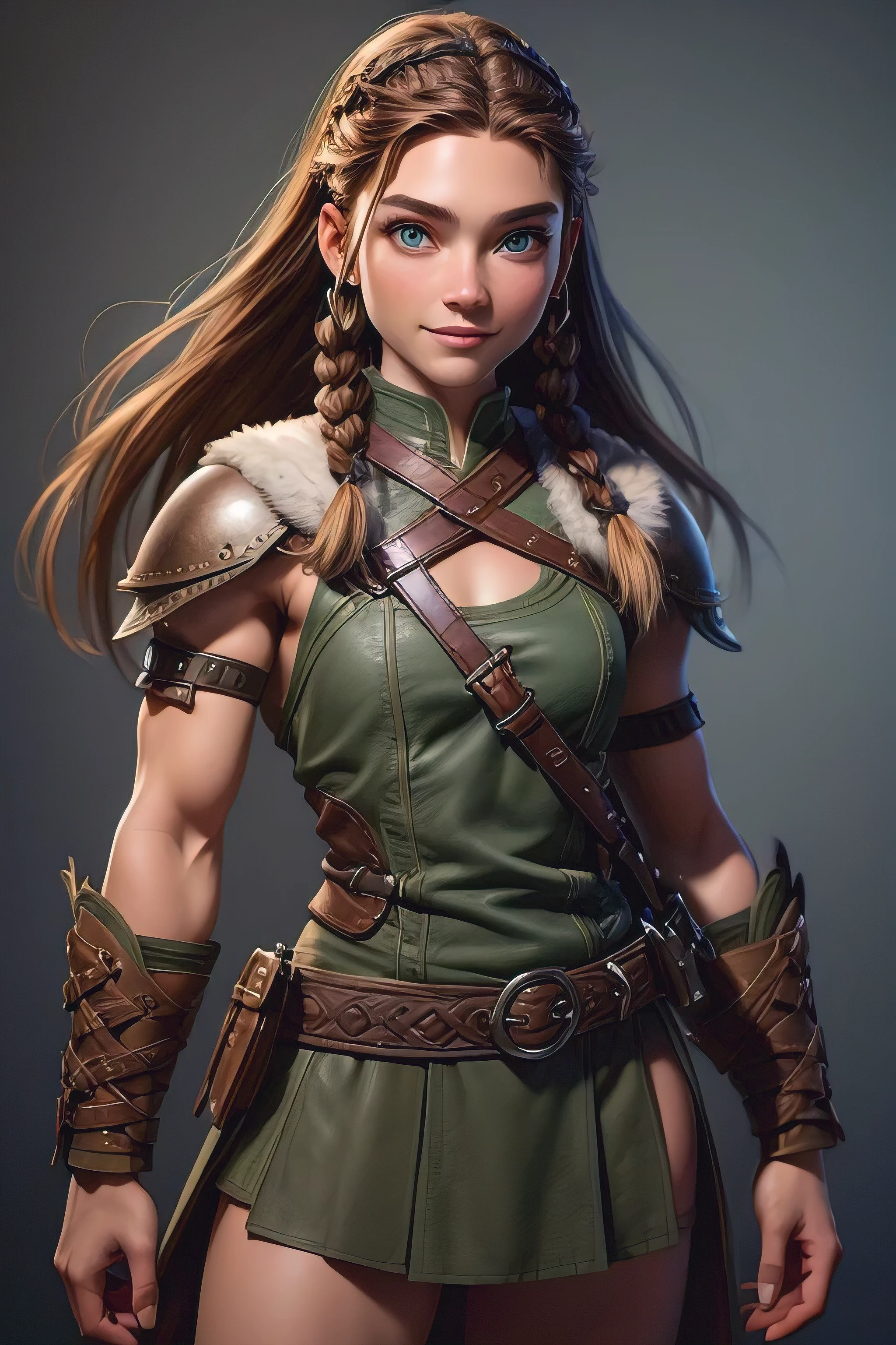 ( masterpiece , The best quality ) (young warrior woman of nordic descent), (green eyes), (muscle shirt), (fur skirt), (Brown hair color),(loose hair with small braids on the scalp), (leather strap top) feathers, bufas, (blue, gray and brown suit). Smile.