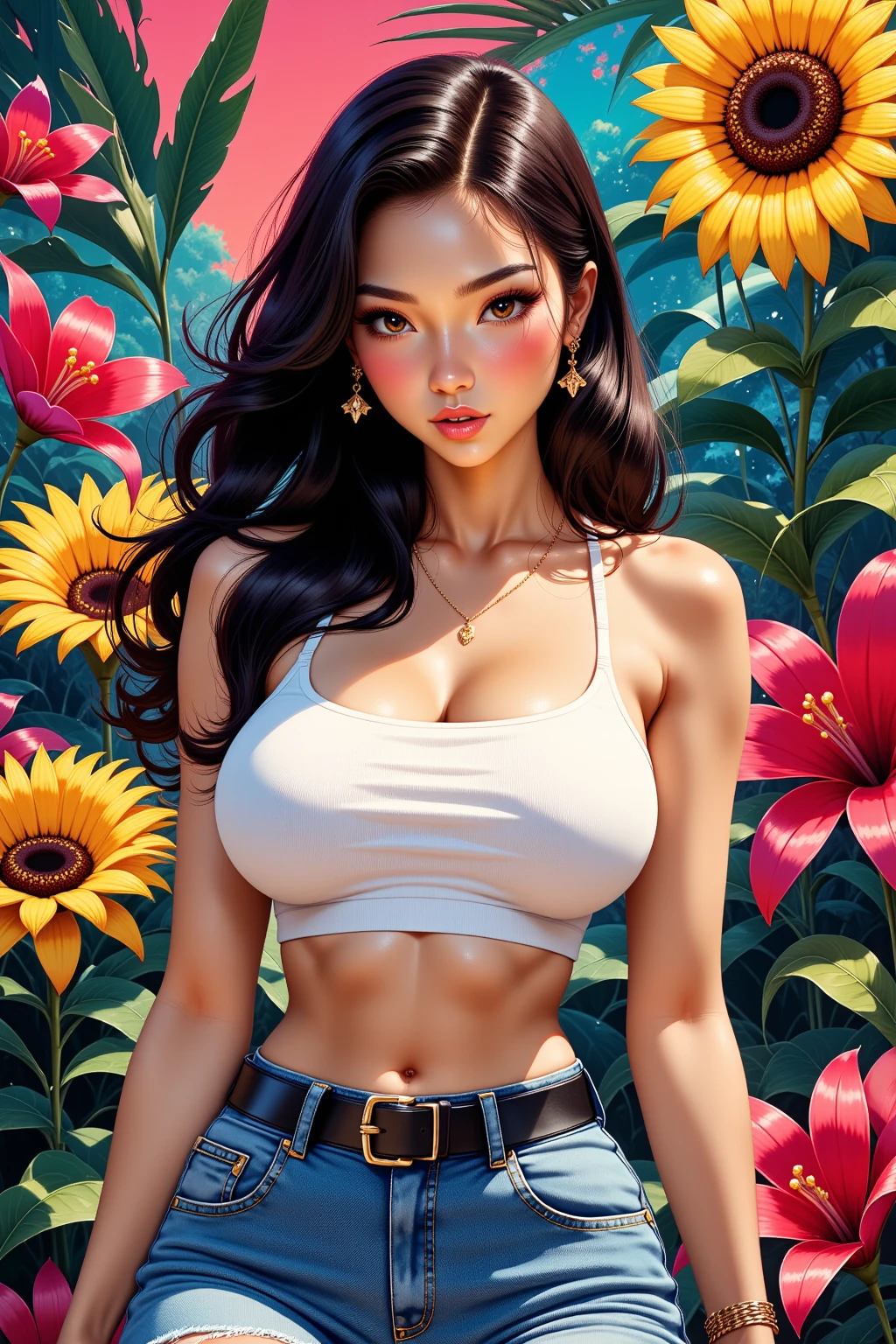 Create digital artwork in pop art, Featuring a bright and confident young asian girl，Street fashion, Movie Color Scheme, Surrounded by vintage floral motifs, Bright brush strokes,Emotions should be dynamic, upper-body, Drawing, illustartion, Grayscale, tropical, lots of flowers,