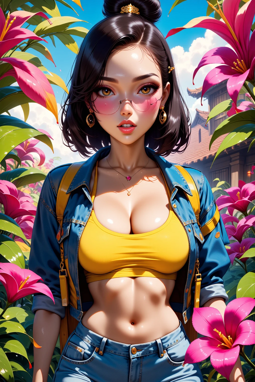 Create digital artwork in pop art, Featuring a bright and confident young asian girl，Street fashion, Movie Color Scheme, Surrounded by vintage floral motifs, Bright brush strokes,Emotions should be dynamic, upper-body, Drawing, illustartion, Grayscale, tropical, lots of flowers,