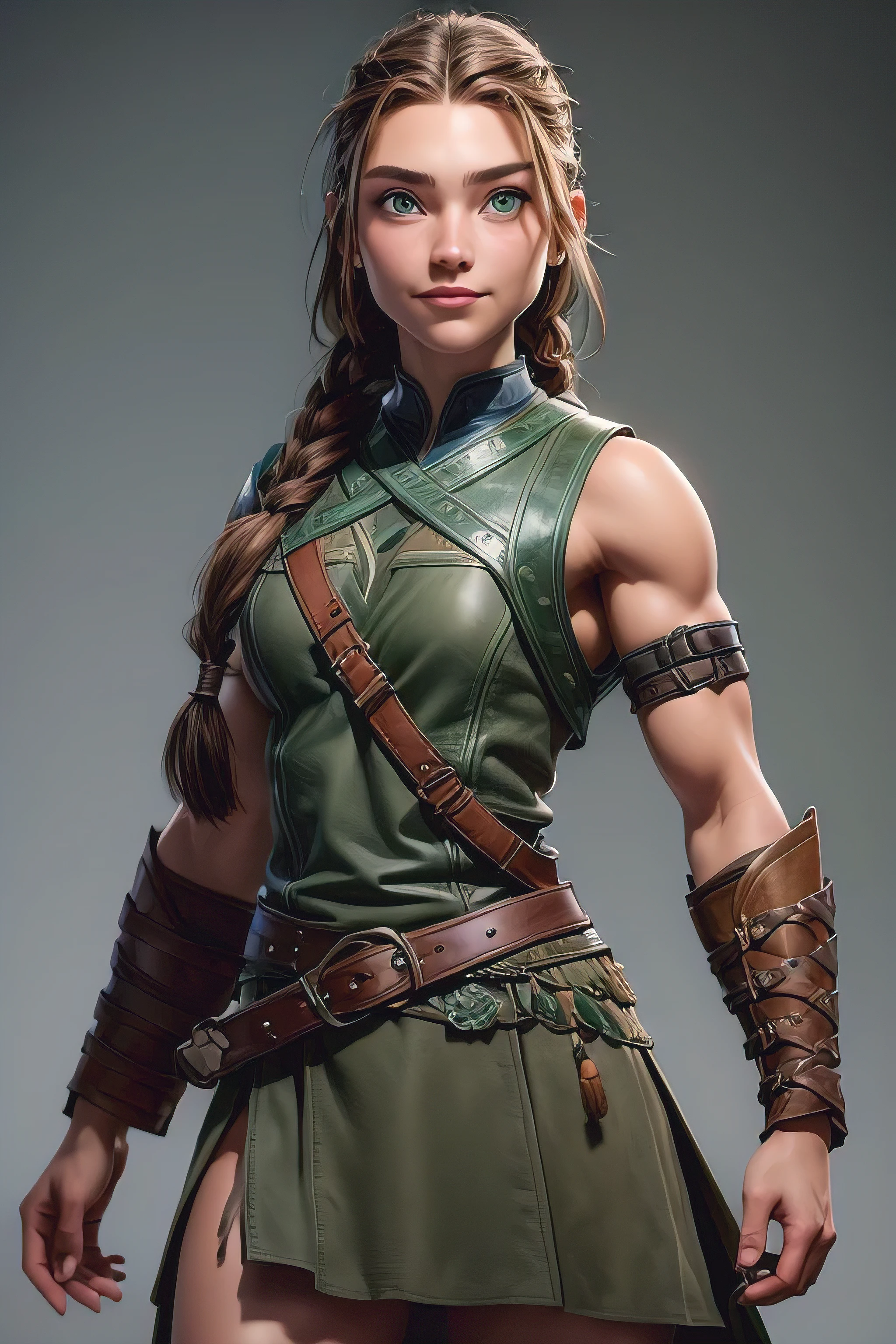 ( masterpiece , The best quality ) (young warrior woman of nordic descent), (green eyes), (muscle shirt), (fur skirt), (Brown hair color),(loose hair with small braids on the scalp), (leather strap top) feathers, bufas, (blue, gray and brown suit). Smile. Run.