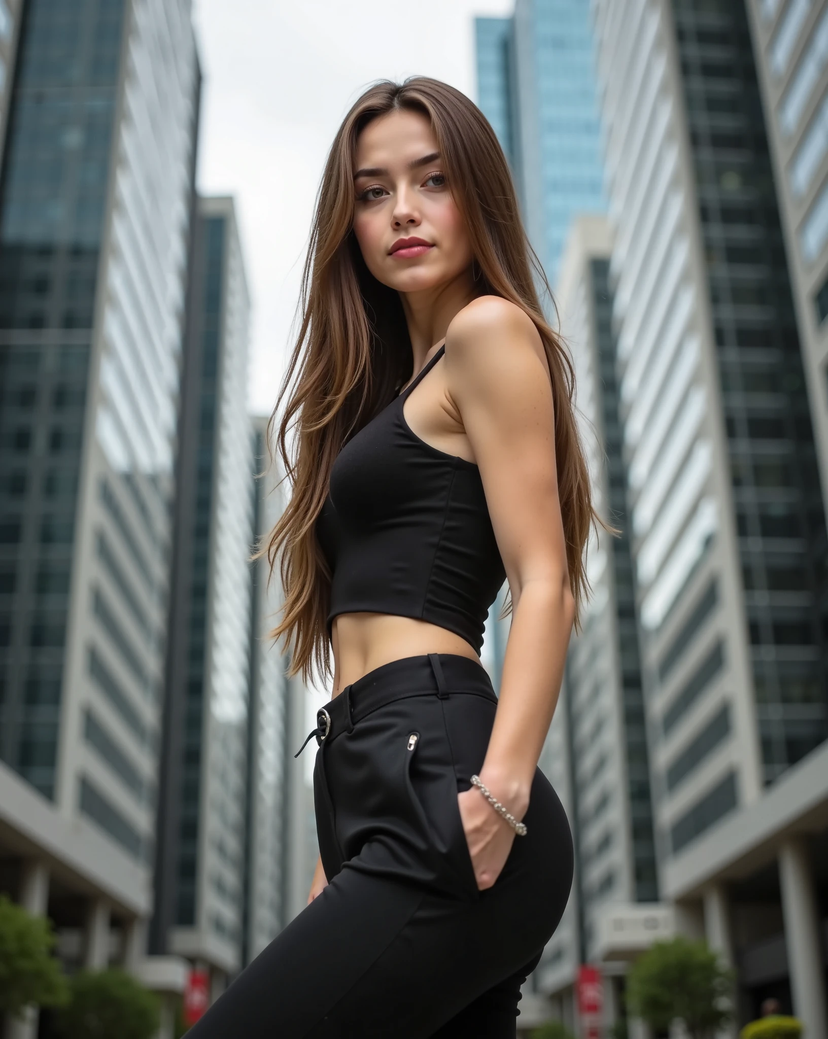 Gaia is a beautiful young woman of 22 years with long brown hair slightly wavy, hazel eyes, splendid bright lips, wonderful features of the face enhanced by an elegant makeup, eyeliner and mascara. Has a long and slim body, natural small breast, narrow hips and long skinny legs, long thin neck, nails dark-red painted, solo.
Professional fashion editorial photograph of Gaia posing confidently among towering skyscrapers. The camera angle is at eye level, capturing the model's full-length figure in a relaxed, casual stance. One hand is casually tucked into the pocket of her sleek, tailored pants, while the other hangs naturally at her side. Her gaze is directed towards the camera, conveying a sense of effortless sophistication.
The skyscraper facades fill the background, providing an imposing architectural frame without being overly blurred or distracting. Careful lighting accentuates the model's features, creating soft shadows and highlights that complement her makeup and hairstyle. The overall composition keeps the focus on the model's poise and elegance, while still highlighting the grand scale and geometric patterns of the modern cityscape behind her. anti