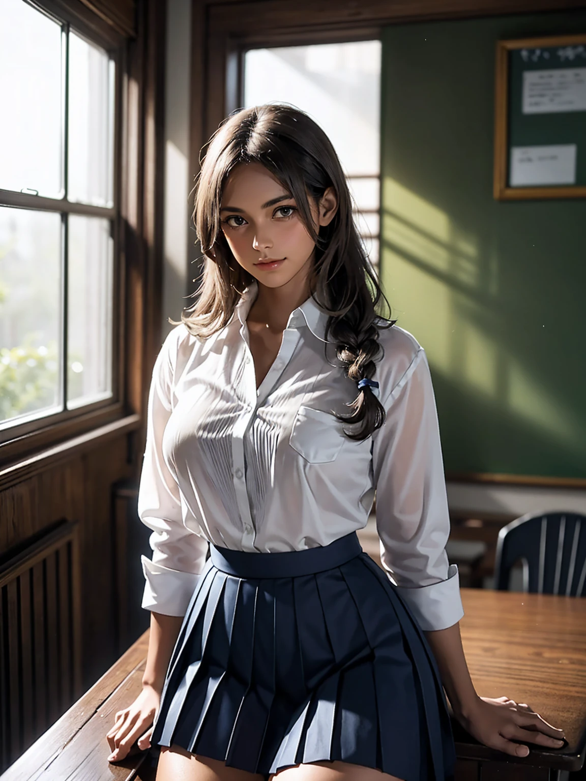 Jill Valentine, (brown skin:1.4), (white shirt, pleated navy skirt:1.3), thick thighs, silver hair, fluttering hair, long wavy hair, eyeshadow, long eyelashes, gentle smile, shadowy dark abandoned classroom, moss, fern, upper body from below, arms behind head, spread legs