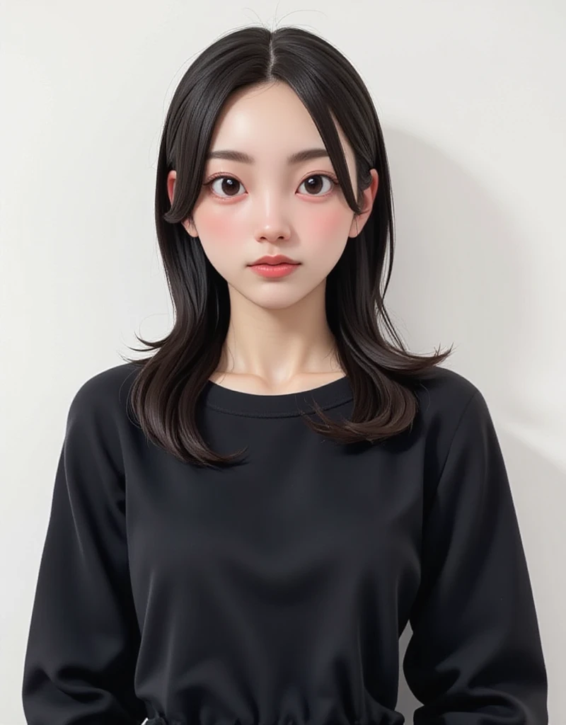 (((Black clothes))), 1girl, 25years old woman, (perfectly detailed face), cute face, ((Healthy and slim body)), beautiful face, ((looking at viewer)), Simple Background, ((white background)), ((white wallpaper)), White skin, (bright lighting:1.2), perfect lighting, photorealistic, (bokeh), UHD, anatomically correct, masterpiece, best quality, (((Focus on faces)))
