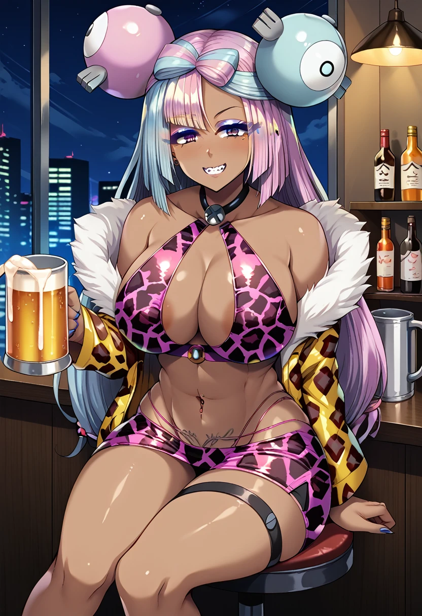 1noue, score_9, score_8_up, score_7_up, uncensored, source_anime, 1girl, solo, BREAK iono_\(pokemon\), gyaru, grin, teeth, very dark skin, dark-skinned female, makeup, eyeshadow, long eyelashes, piercings, tattoos, colored skin, jet-black skin, shiny skin, metalic tan, BREAK, detailed eyes, solo, crop top, jacket, leopard print, fur shawl, blush, sitting, in bar, night time, drunk, holding a tankard