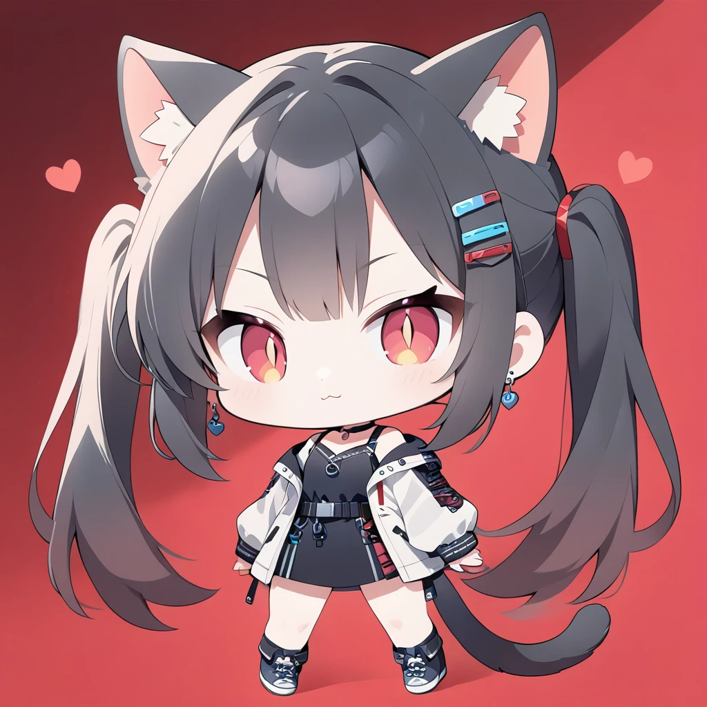 1girl,solo,((chibi-cute,anime style,anime character,deformation,masterpiece:1.2)),Cat ears and tail,Teenage Girl,Red eyes,(slit pupils),:3,Black Hair,parted bangs,Long Hair,Twin tails(Red Gradient),Earrings,Hair Clip,Tattered Coat,camisole,Shorts,Choker,Cyberpunk woman detailed silhouette,lighting front,Red heart background
