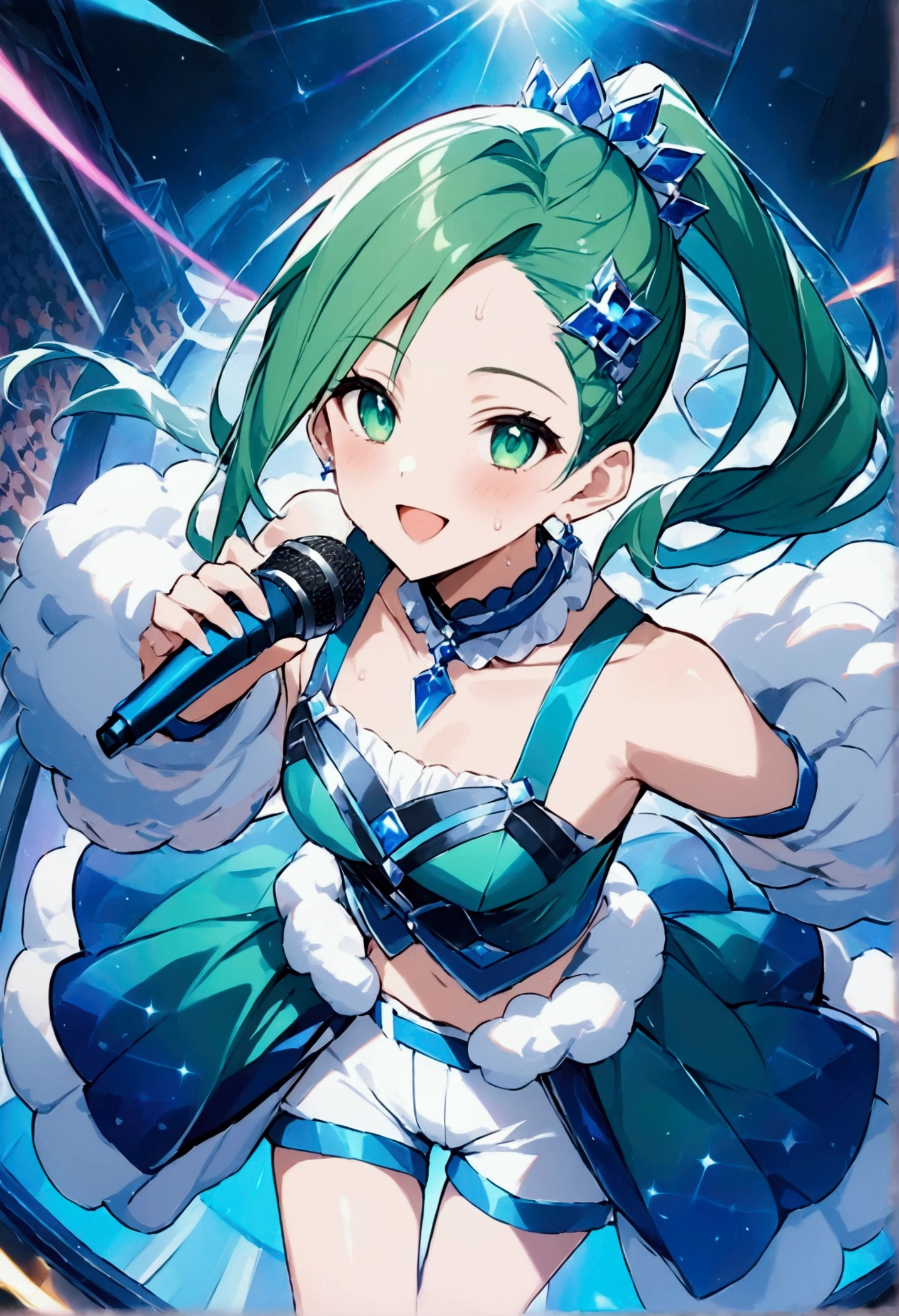 High image quality 、masterpiece、   high quality、Full HD、4K、 Extend one hand 、View from above 、Grab the microphone、 emerald green hair 、asymmetrical ponytail 、 emerald green eyes  、 Open your mouth 、smile、Sweat on the forehead、blue idol uniform 、 Detached Sleeve 、White shorts 、 fluffy arm garter 、Blue Skirt 、slender、Outdoor Concert、laser effect