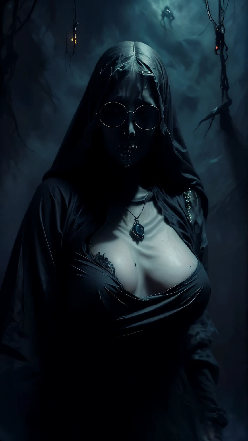 (highest quality,4K,8k,High resolution,masterpiece:1.2),Very detailed,(Realistic,photoRealistic,photo-Realistic:1.37), Close-up of a woman with dark hair and a black dress, Dark Eyes,An ominous smile,((((Glasses))))、((((big sapphire necklace))))、Evil Aura,Burning Flames,Soul Corruption,Dark Shadows,An ominous atmosphere,Strange symbols,Cursed Land,Eternal Darkness,Unforgettable Exists,Intimidating person,Grotesque features,Horror Scene,twisted reality,Scary atmosphere,A wonderful work of art,Evil Unleashed,Supernatural horror,Spooky art,nightmare fuel,Terrifyingly clear,Abstract fear,Terrifyingly beautiful,masterpiece,Fear incarnate,Shadow Chaos,Exists,to be born々Shii Darkness,in style of Dark Fantasy Art, Dark Fantasy Art, Beautiful and elegant queen of darkness, Dark Fantasy Art, fantasy dark art, Dark fantasy digital art, Gothic fantasy art, Gothic Dark Maiden, Detailed Texture,Spooky creatures,An ominous atmosphere,Mythical,Space horror,darkness,Mysterious,Dark aesthetic,Fog Background,Eyes of another world,Ancient Gods々々々々, Powerful wizard, MysteriousStanding in the woods. Flowing robes decorated with symbols, Arms stretched out, Powerful,Tentacles,Pitch black blackness,Majestic,Unfathomable depth,nightmare,The Exists of the universe,an  ominousExists,seeping darknesss,Secrets of the Universe, (Spooky atmosphere), (((Dramatic Shadows), (Dynamic pose), ((Artistically expressed)), ((charm), (Gothic), (Mysterious Setting), (Moody color palette), (Skillfully drawn), (sense of unease), (Intricate details), (an  ominous smile), (an  ominous), (charm eyes), (Horror elements), (charm composition), (Impressive anatomy),(Striking contrast))), (Interesting character designs)、Dark Fantasy Portrait, Portrait of the Dark Goddess, 