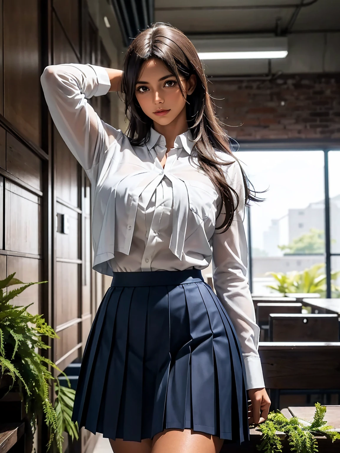 Jill Valentine, (brown skin:1.4), (white shirt, pleated navy skirt:1.3), thick thighs, silver hair, fluttering hair, long wavy hair, eyeshadow, long eyelashes, gentle smile, shadowy dark abandoned classroom, moss, fern, upper body from below, arms behind head, spread legs